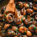 Delicious garlic butter mushrooms served in a skillet, garnished with herbs.