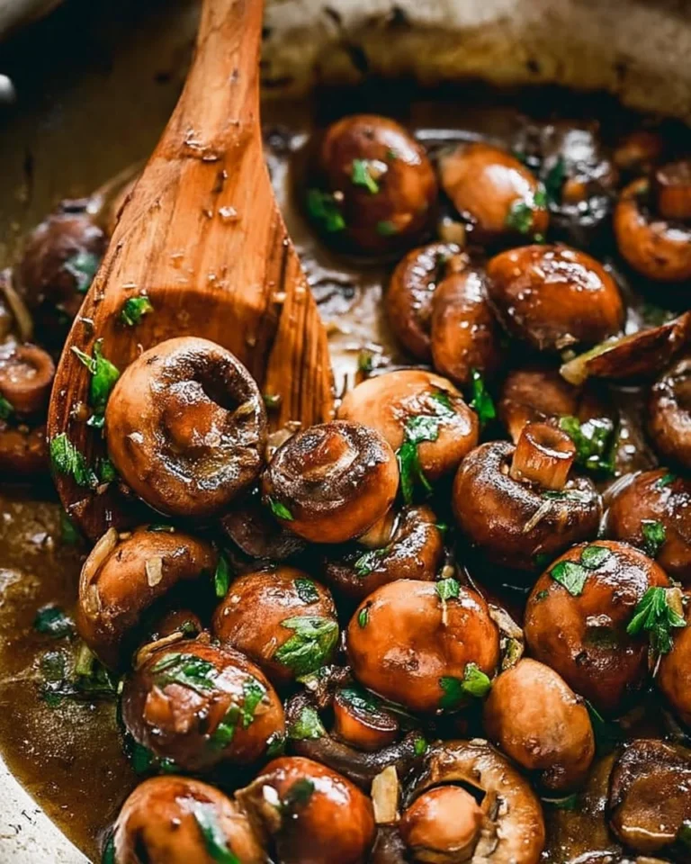 Delicious garlic butter mushrooms served in a skillet, garnished with herbs.