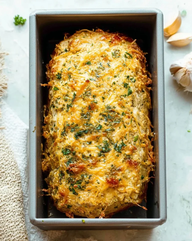 Garlic Parmesan Chicken Meatloaf served on a plate with herbs