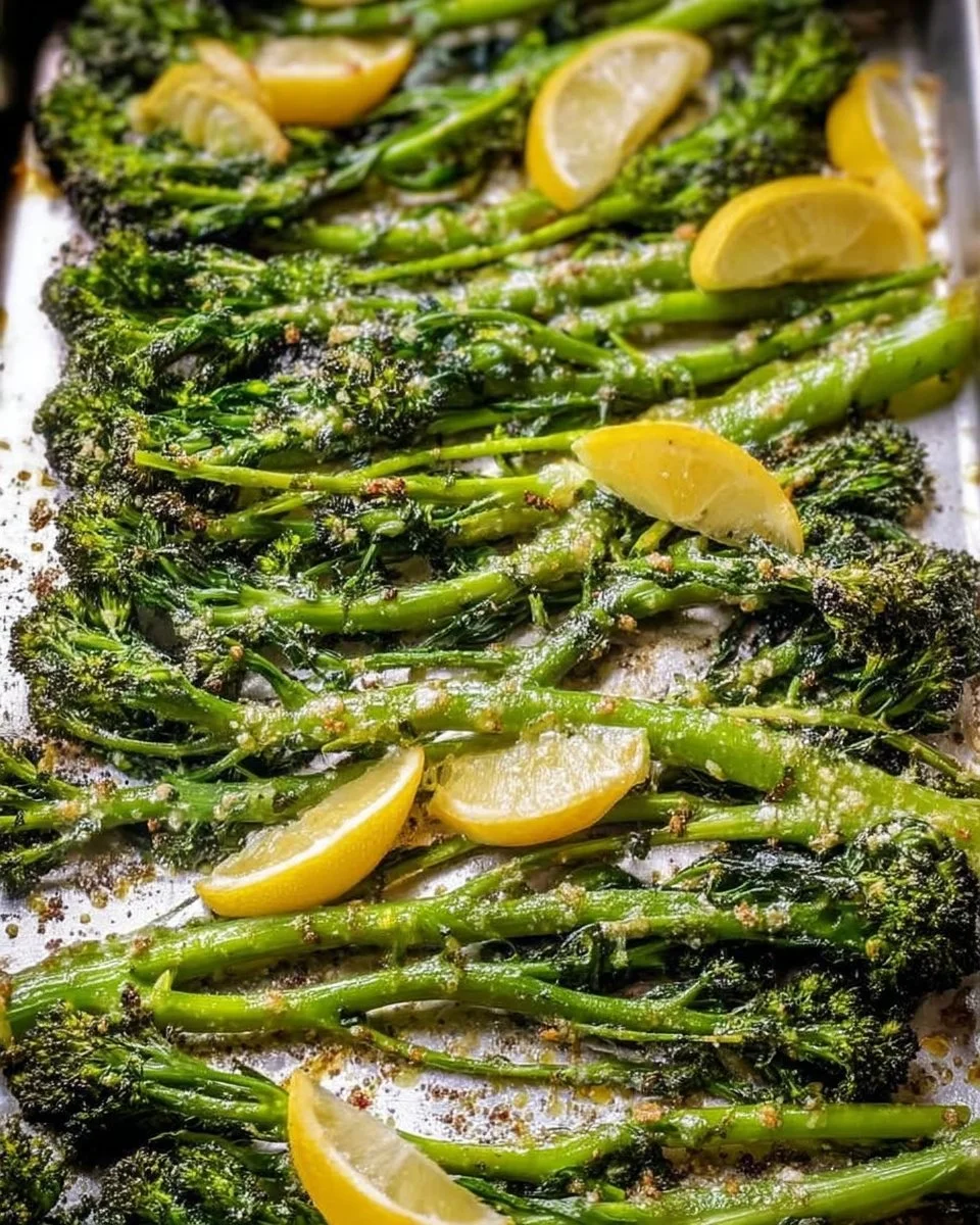 Plate of garlic roasted broccolini garnished with herbs