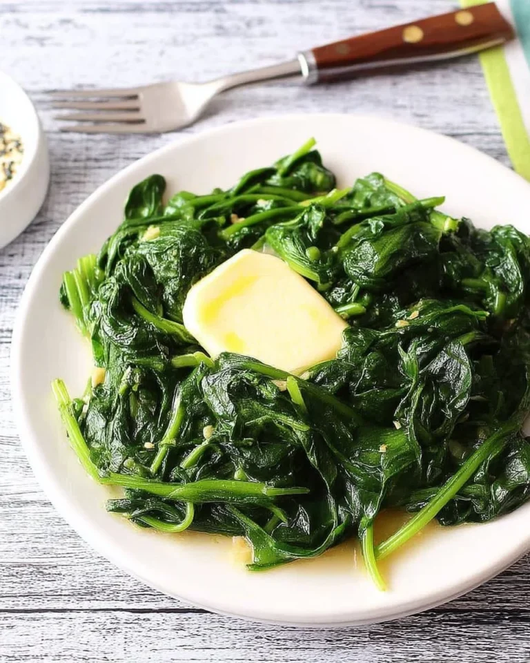 Plate of Garlic Sauteed Spinach garnished with garlic cloves