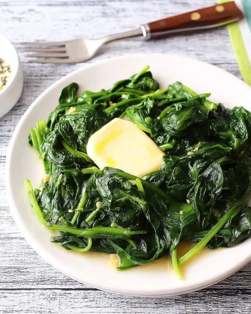 Plate of Garlic Sauteed Spinach garnished with garlic cloves