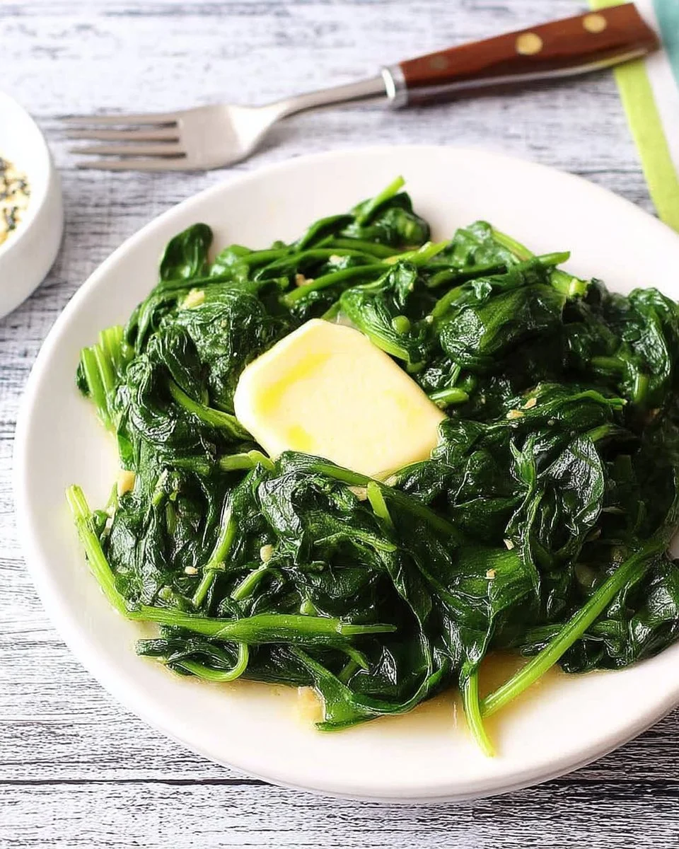 Plate of Garlic Sauteed Spinach garnished with garlic cloves