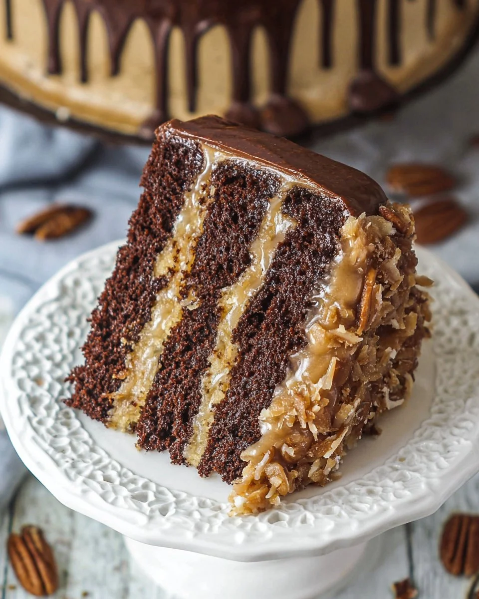 Delicious German Chocolate Cake with chocolate layers and coconut pecan frosting