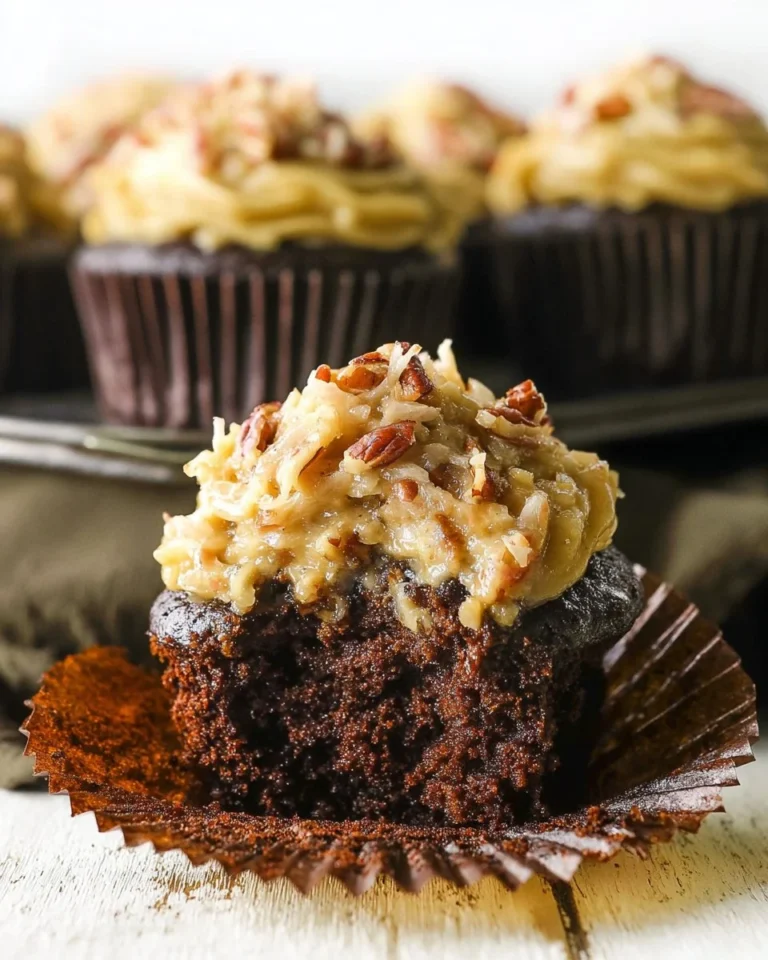 Delicious German Chocolate Cupcakes with coconut-pecan frosting