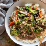 Ginger Beef Broccoli Bowl with tender beef and fresh broccoli in a ginger sauce