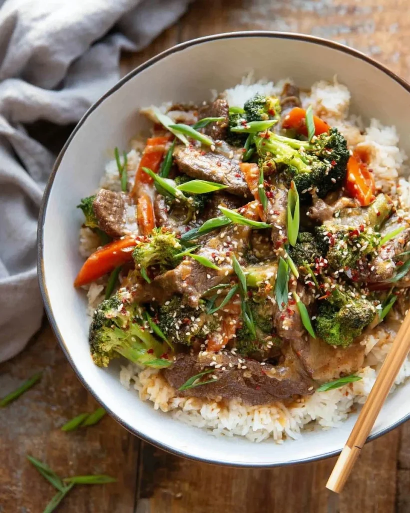 Ginger Beef Broccoli Bowl with tender beef and fresh broccoli in a ginger sauce
