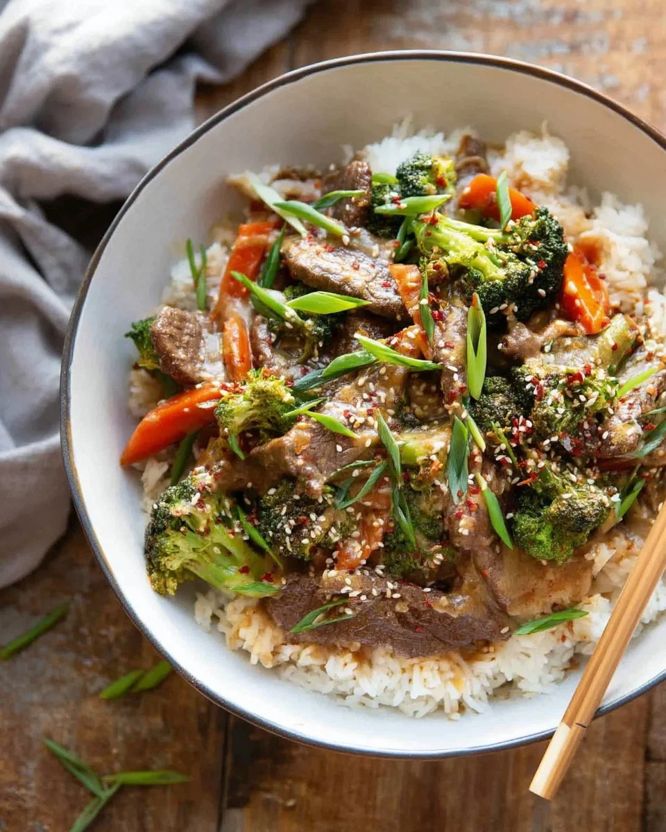 Ginger Beef Broccoli Bowl with tender beef and fresh broccoli in a ginger sauce