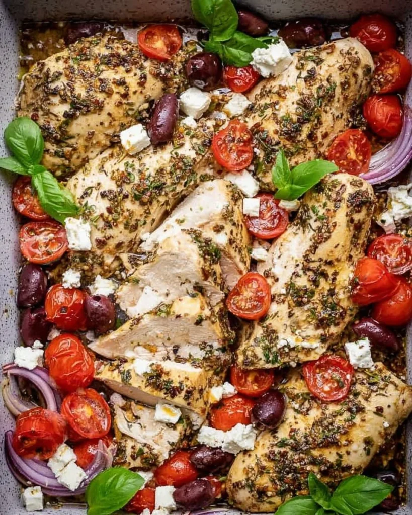 Juicy Greek Baked Chicken Breast garnished with herbs and lemon