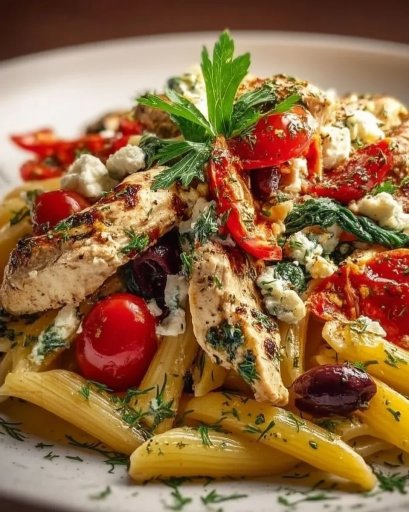 Plate of Greek Chicken Pasta garnished with olives and feta cheese