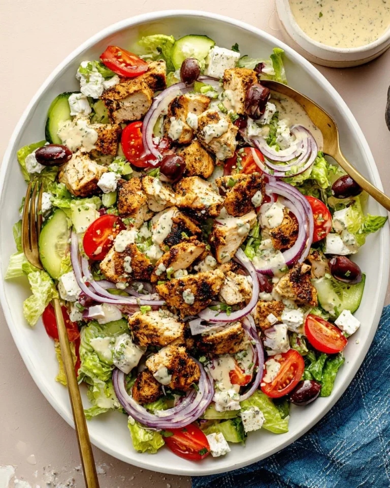 Greek Chicken Salad topped with Lemon Herb Dressing and fresh vegetables