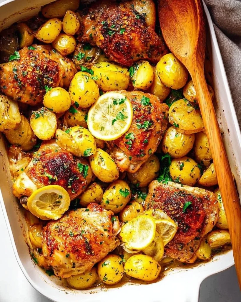 Plate of Greek Lemon Chicken with Potatoes garnished with herbs.