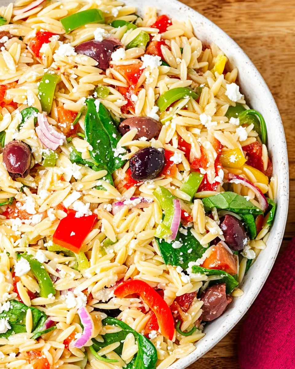 Colorful Greek orzo pasta salad with veggies and feta cheese