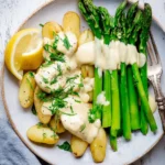 Bowl of Greek Yogurt Hollandaise sauce drizzled over vegetables and eggs