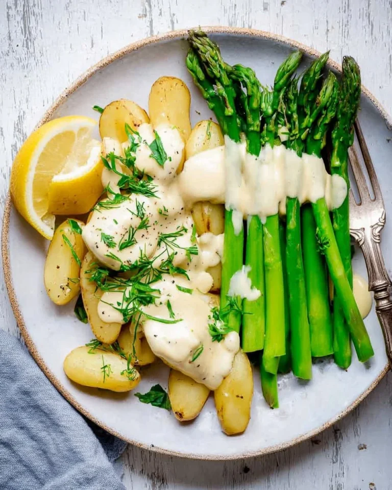 Bowl of Greek Yogurt Hollandaise sauce drizzled over vegetables and eggs