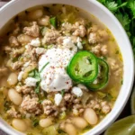 Bowl of Green and White Turkey Chili with fresh herbs and ingredients
