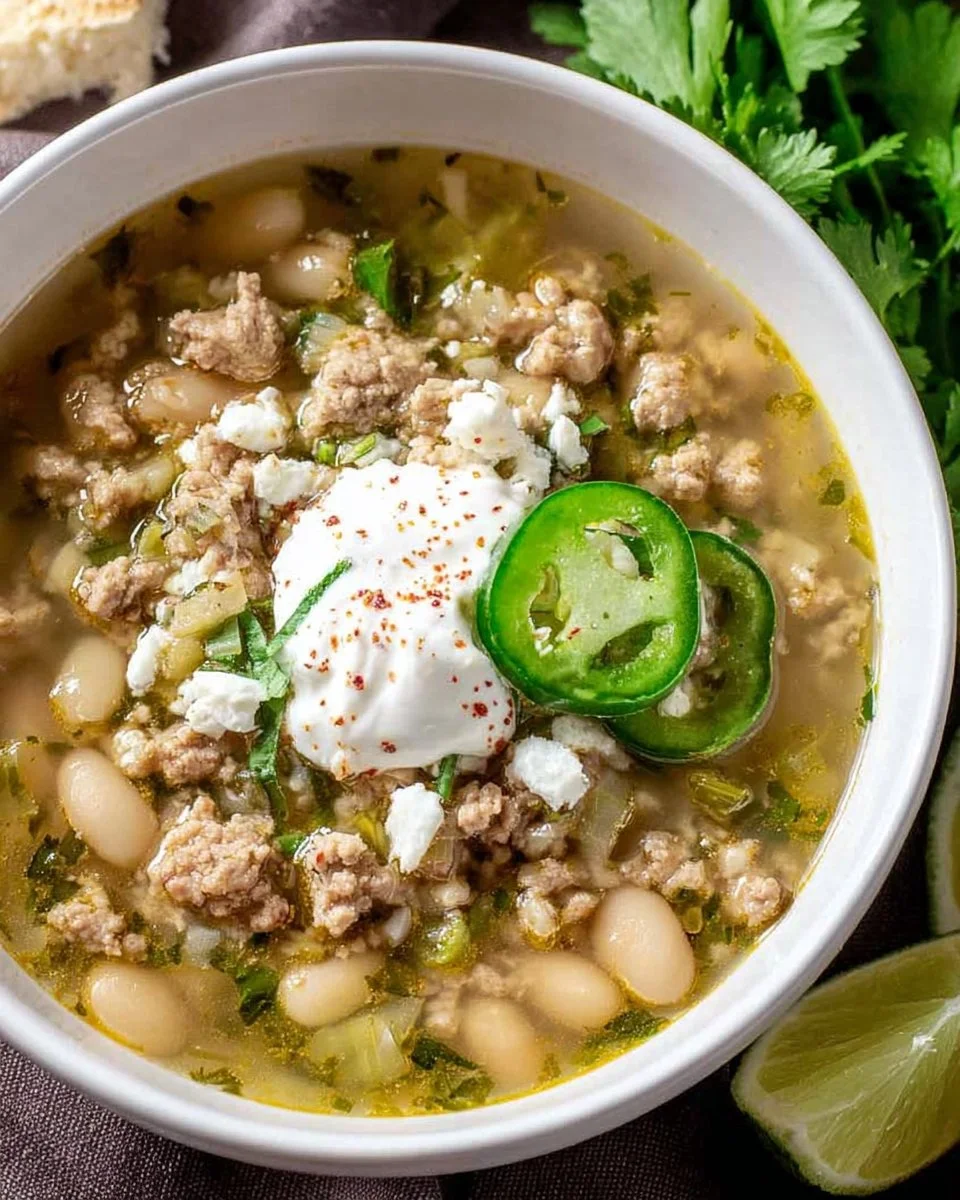 Bowl of Green and White Turkey Chili with fresh herbs and ingredients