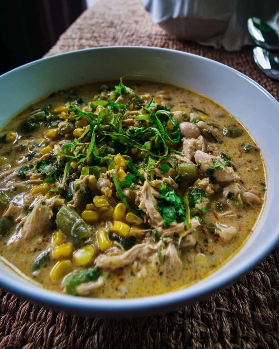 Bowl of Green Chicken Chili with fresh herbs and toppings