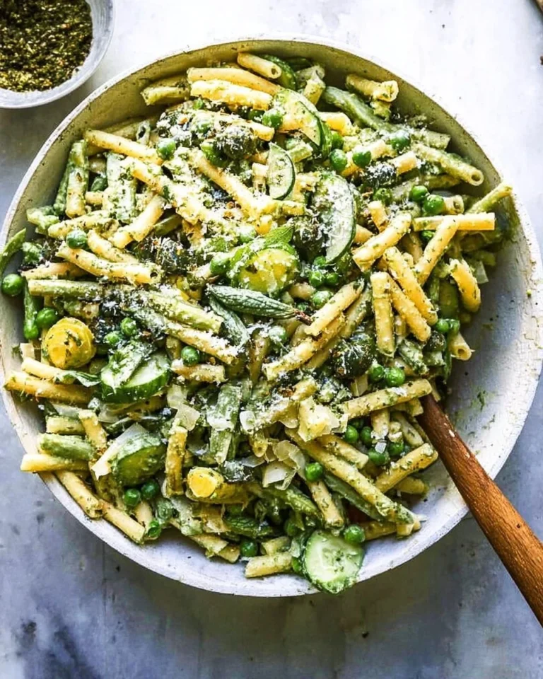 Green Goddess Pasta Salad with fresh vegetables and herbs