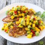 Grilled chicken served with mango avocado salsa on a plate