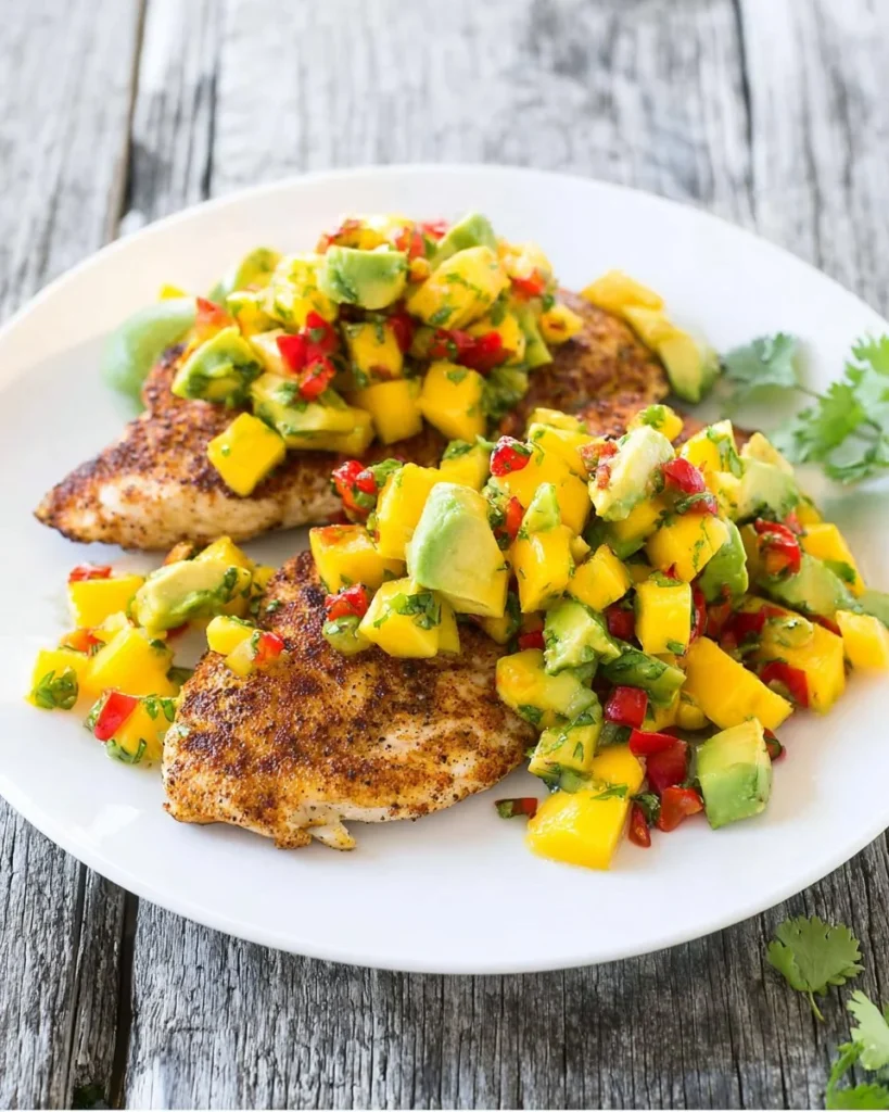 Grilled chicken served with mango avocado salsa on a plate