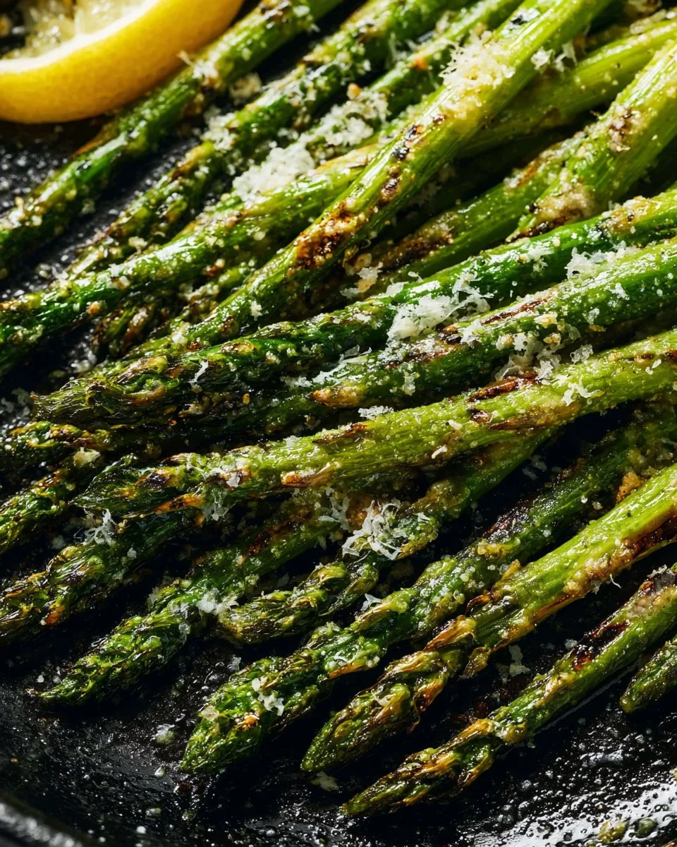 Grilled asparagus with Parmesan and garlic on a plate, showcasing a delicious side dish.