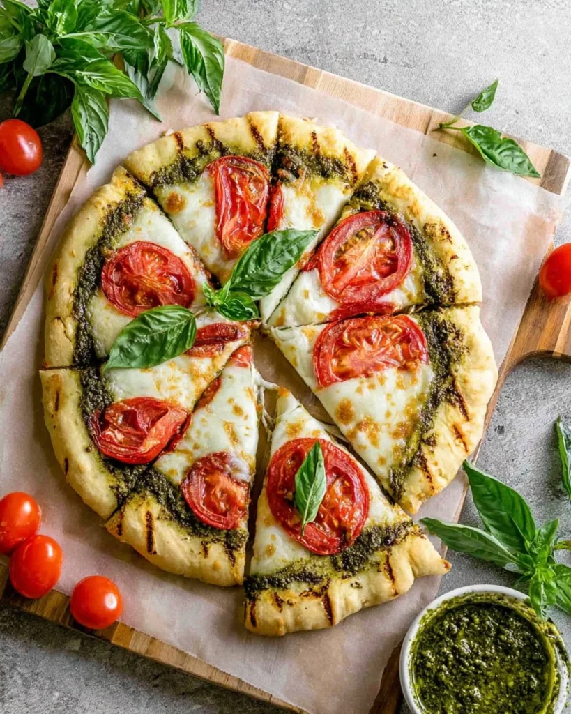Delicious grilled pesto pizza topped with fresh ingredients and melted cheese