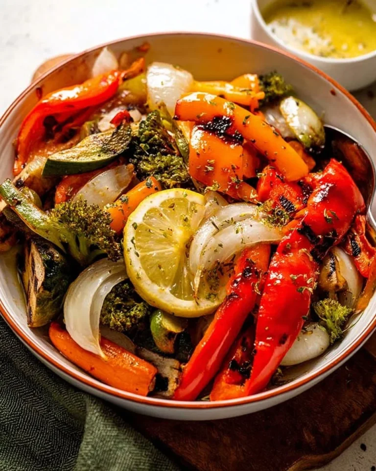 Plate of grilled vegetables drizzled with lemon dressing