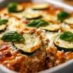 Ground beef and zucchini casserole topped with cheese in a baking dish