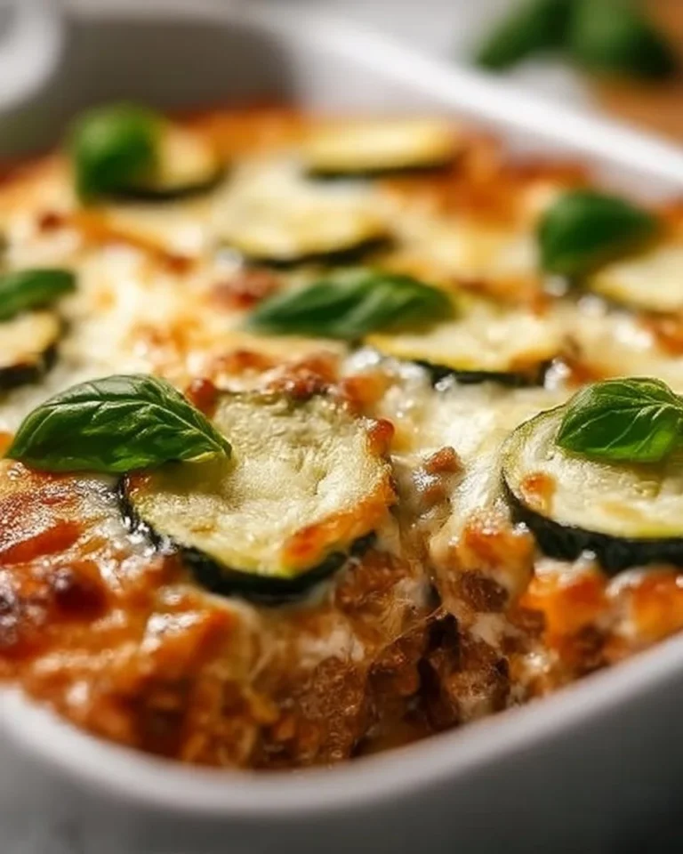 Ground beef and zucchini casserole topped with cheese in a baking dish