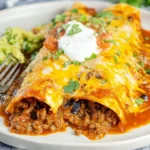 Delicious homemade ground beef enchiladas topped with cheese and sauce