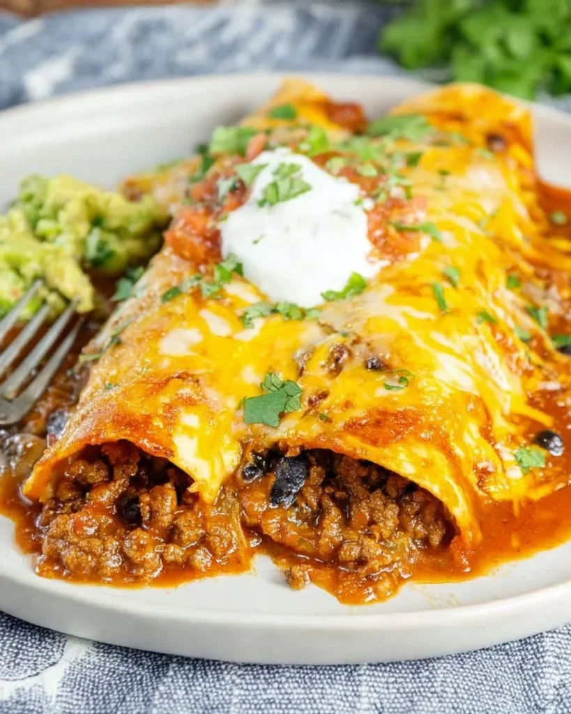Delicious homemade ground beef enchiladas topped with cheese and sauce