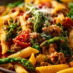 Healthy ground turkey veggie pasta in a bowl