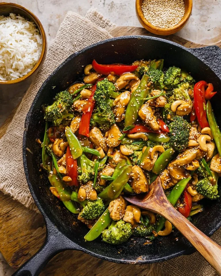 Healthy cashew chicken stir fry with colorful vegetables and cashews