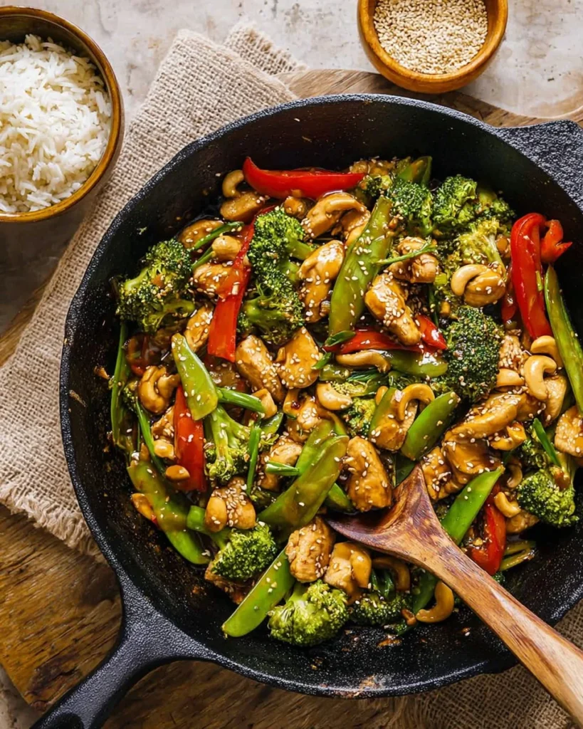 Healthy cashew chicken stir fry with colorful vegetables and cashews