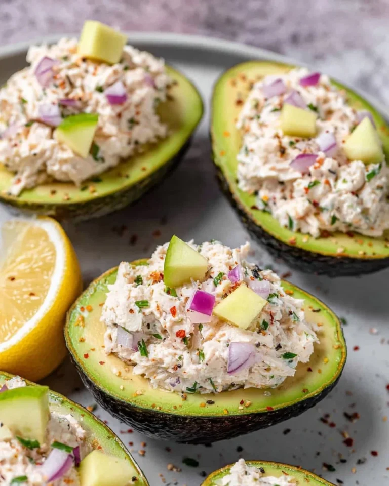 Healthy chicken salad stuffed in avocado halves for a nutritious meal