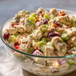 Healthy chicken salad without mayo, featuring fresh vegetables and lean protein.