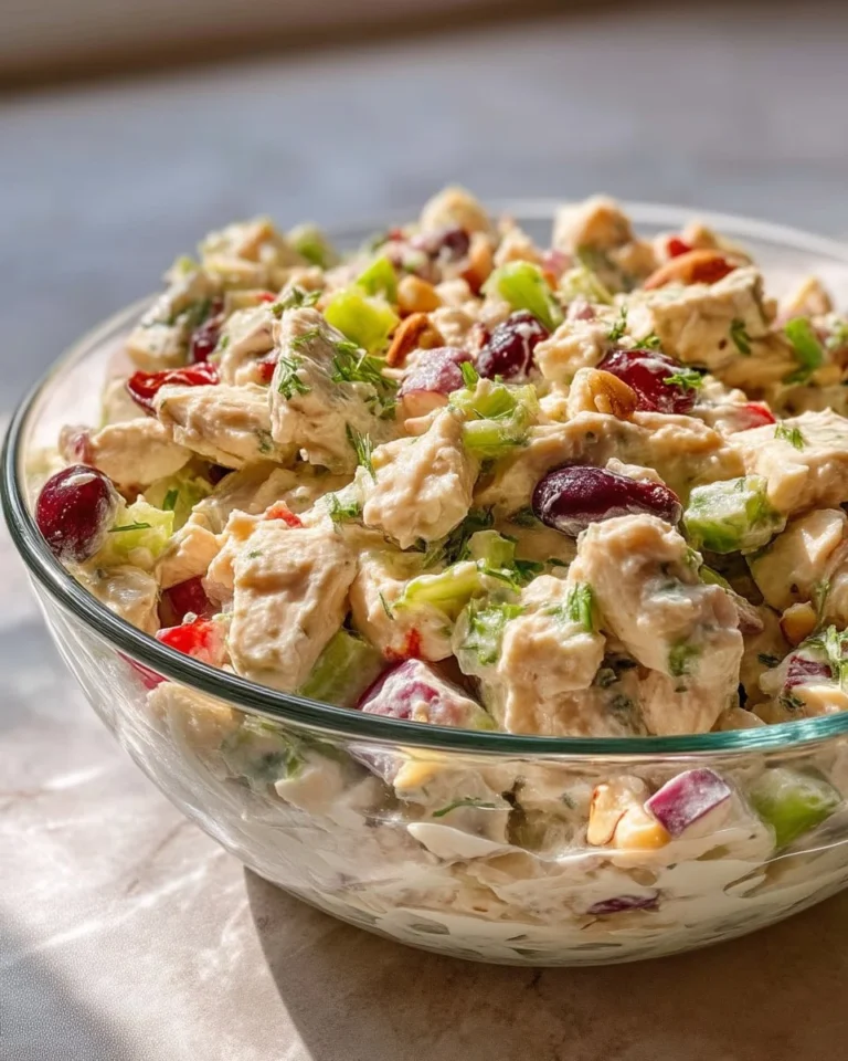 Healthy chicken salad without mayo, featuring fresh vegetables and lean protein.