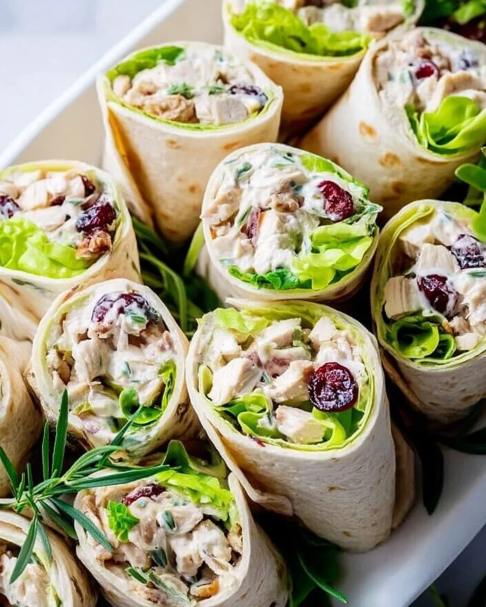 Healthy chicken salad wraps filled with fresh ingredients and served on a tortilla.
