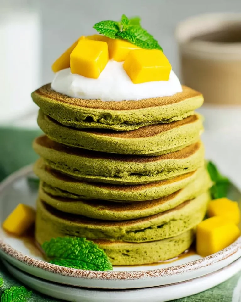 Healthy vegan matcha pancakes stacked with a green tea flavor