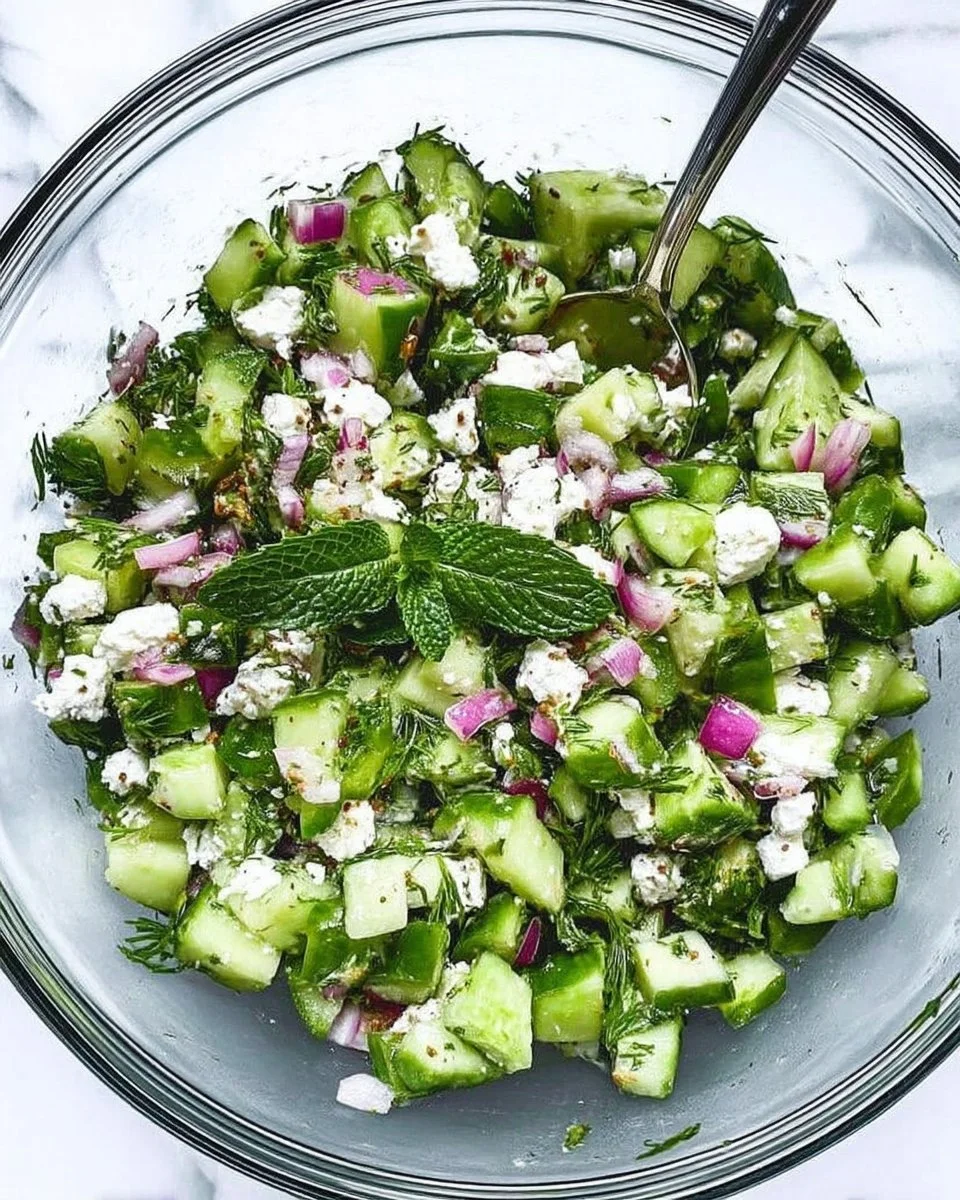 Herbed cucumber and feta salad with fresh ingredients in a serving bowl.