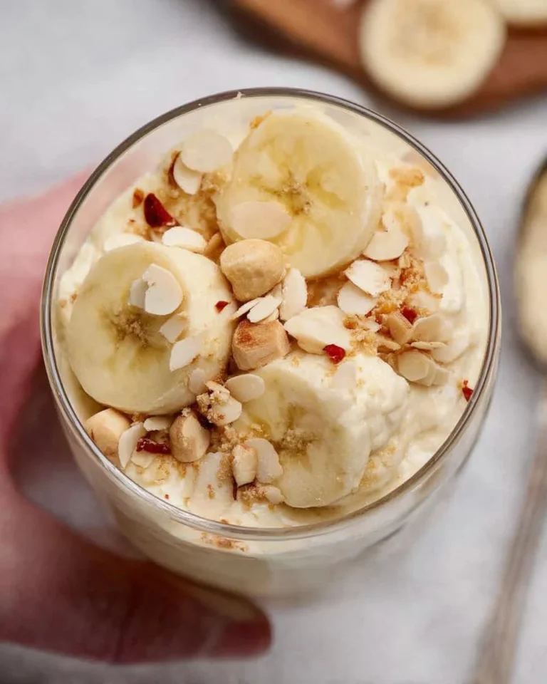 Delicious high protein banana pudding topped with fresh bananas and whipped cream