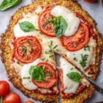 High-protein chicken crust pizza topped with fresh ingredients