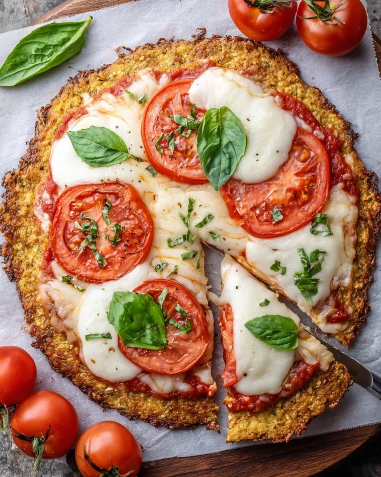 High-protein chicken crust pizza topped with fresh ingredients