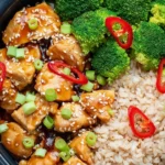 High-protein teriyaki chicken meal prep bowl with veggies and rice