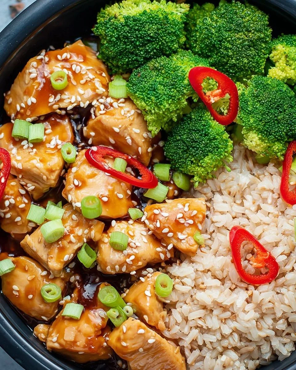 High-protein teriyaki chicken meal prep bowl with veggies and rice