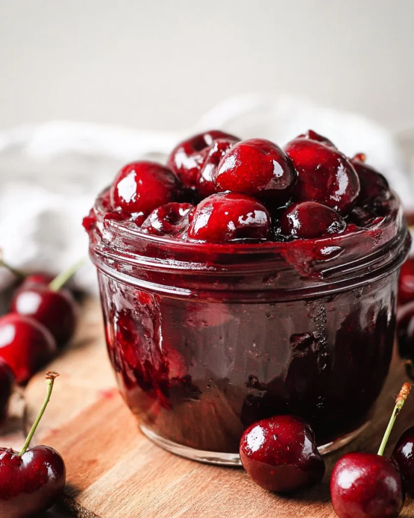 Homemade cherry sauce in a glass jar with fresh cherries