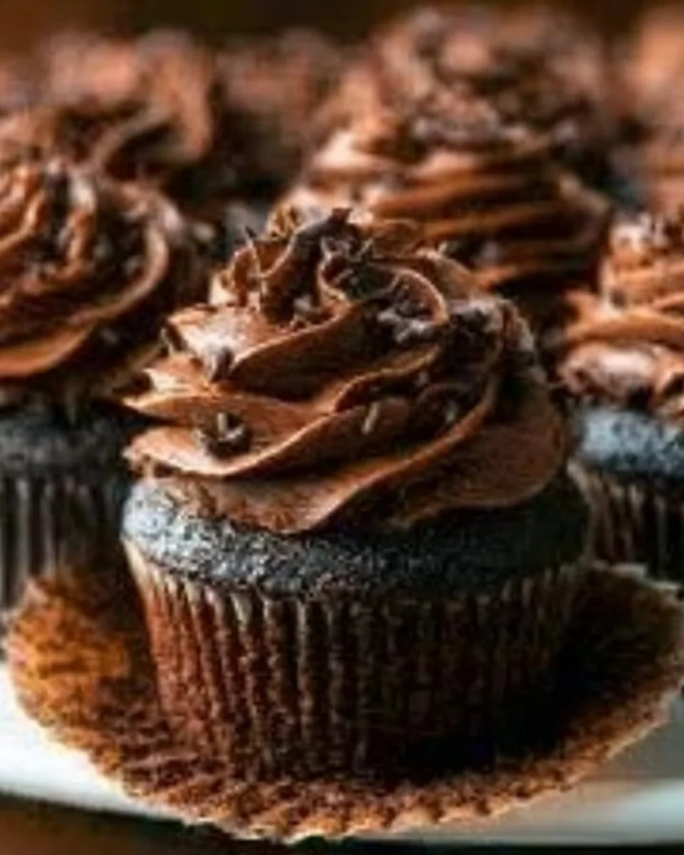 Homemade moist chocolate cupcakes topped with chocolate frosting