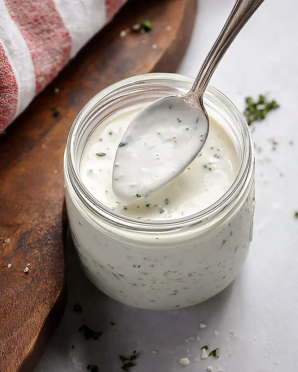 Bottle of homemade ranch dressing with fresh ingredients.