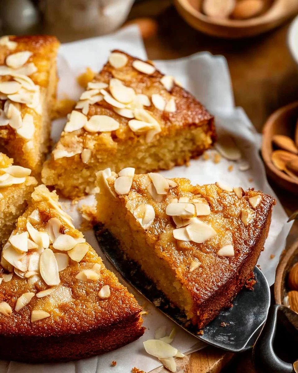 Delicious honey almond cake topped with almonds and drizzled with honey